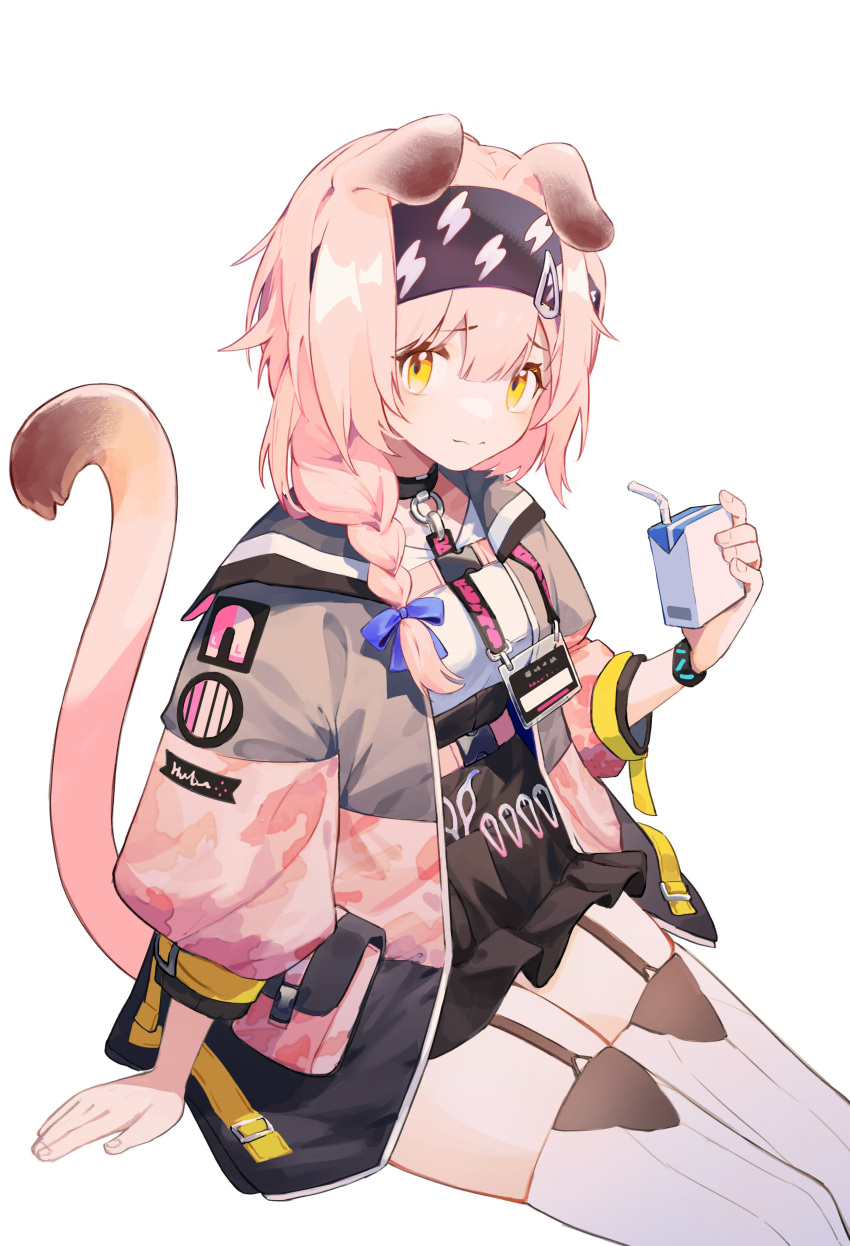 1girl 52hzwhzw absurdres animal_ears arknights black_choker black_hairband black_skirt blue_bow blush bow braid cat_ears cat_girl cat_tail choker commentary_request drink drinking_straw eyebrows_visible_through_hair floppy_ears garter_straps goldenglow_(arknights) grey_jacket hair_bow hair_ornament hairband hairclip highres holding holding_drink id_card invisible_chair jacket juice_box lightning_bolt_print long_hair multicolored_clothes multicolored_jacket open_clothes open_jacket pink_hair pink_jacket revision shirt simple_background sitting skirt solo tail tail_raised thighs two-tone_jacket white_background white_legwear white_shirt yellow_eyes