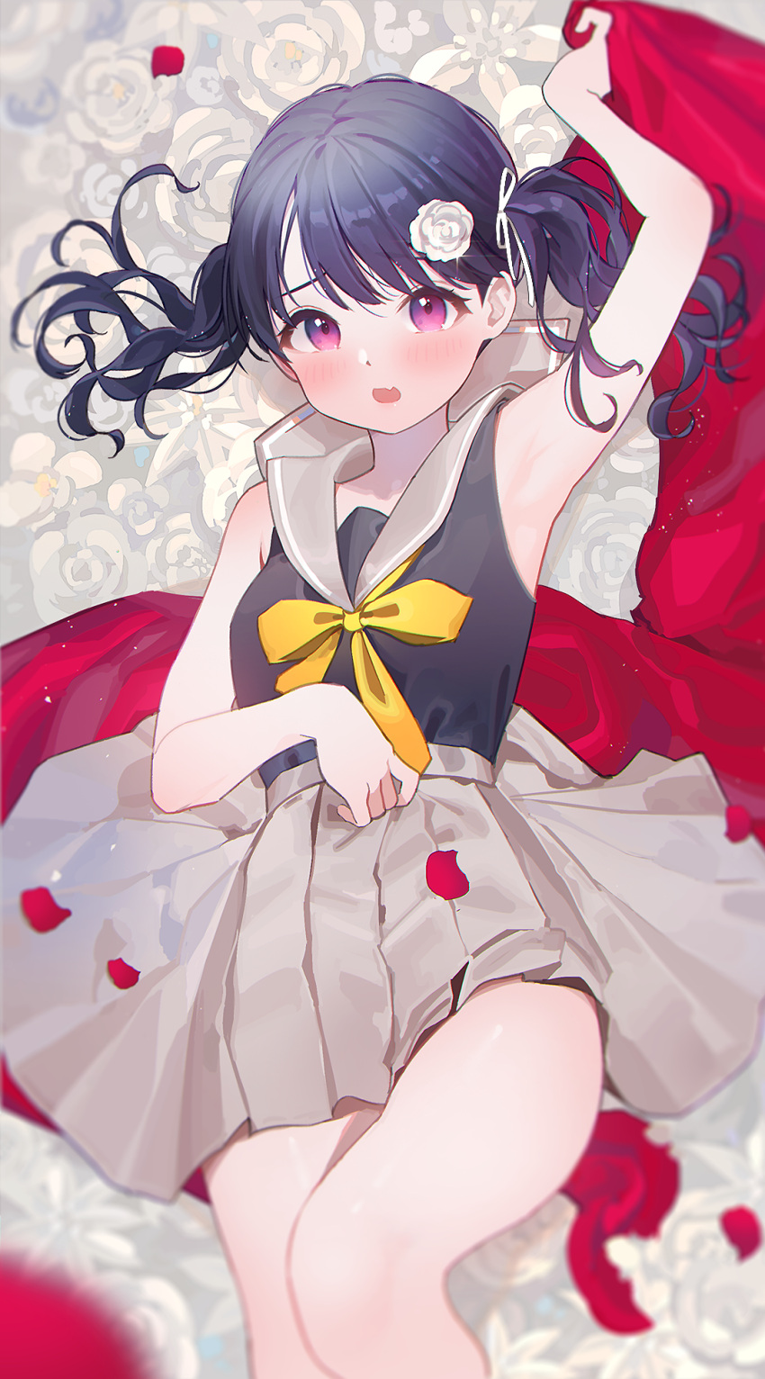 1girl :o arm_up armpits blush dark_blue_hair falling_petals fang feet_out_of_frame flower fukumaru_koito grey_skirt hair_flower hair_ornament high-waist_skirt highres idolmaster idolmaster_shiny_colors kuri_choko looking_at_viewer lying neckerchief on_back petals pleated_skirt red_eyes rose_petals shirt skin_fang skirt sleeveless sleeveless_shirt solo twintails wavy_hair white_flower