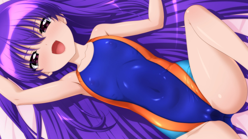 1girl absurdres blue_swimsuit cameltoe collarbone competition_swimsuit covered_navel covered_nipples flat_chest from_above highres long_hair looking_at_viewer lying multicolored_clothes multicolored_swimsuit one-piece_swimsuit open_mouth original purple_eyes purple_hair smile solo spread_legs sugimura_tomokazu swimsuit