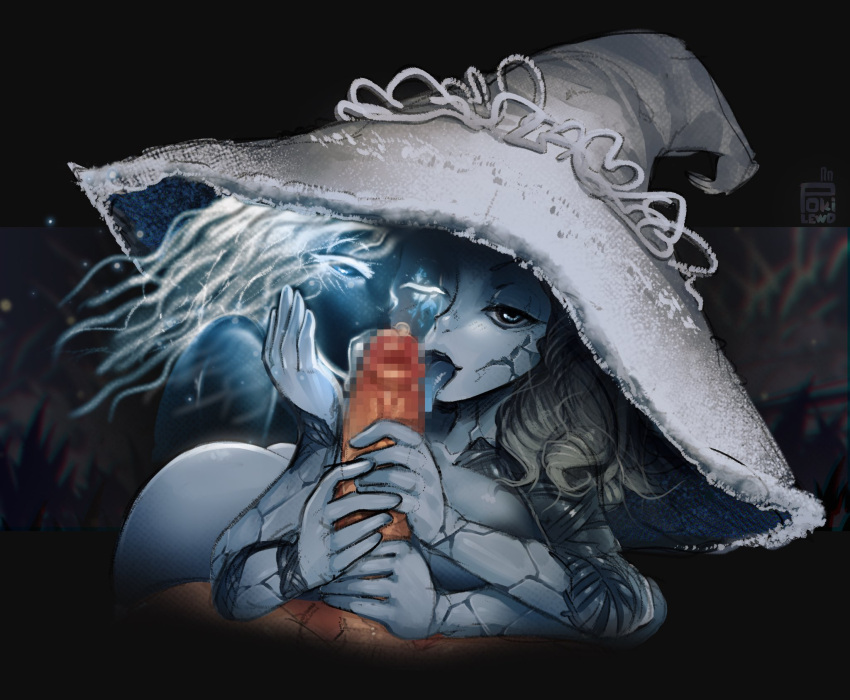 1boy 1girl blue_tongue censored colored_skin colored_tongue elden_ring extra_arms extra_faces fellatio grey_hair grey_skin hat highres licking licking_penis mosaic_censoring oral penis pokilewd ranni_the_witch tongue witch_hat