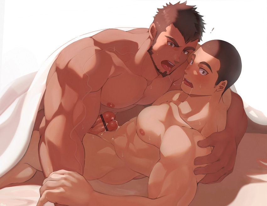 ! 2boys abs after_kiss arm_around_shoulder ass bar_censor bara beard bed_sheet blush brown_eyes brown_hair buzz_cut caught censored completely_nude couple crow_(siranui) dark-skinned_male dark_skin erection facial_hair highres interracial large_pectorals looking_at_viewer lying male_focus mature_male multiple_boys multiple_penises muscular muscular_male naked_sheet nipples nude on_back on_person original pectoral_docking pectoral_press pectorals penis penises_touching precum saliva saliva_trail short_hair sideburns stomach sweat thick_eyebrows under_covers veins very_short_hair yaoi