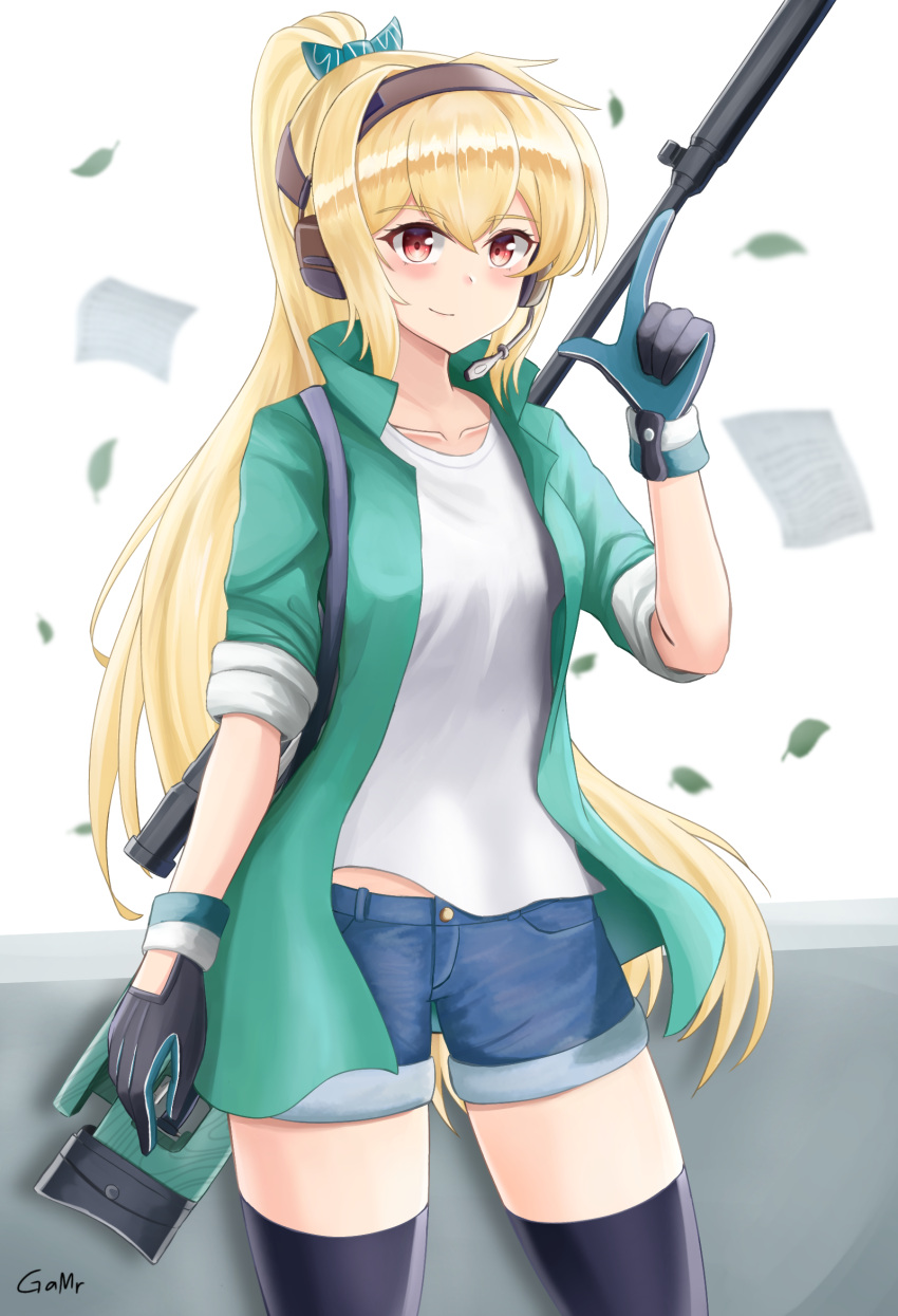 1girl artist_name blonde_hair bolt_action bow ear_protection eyebrows_visible_through_hair gamryous girls'_frontline gloves green_hairband gun hair_bow hairband highres jacket long_hair looking_at_viewer material_sniper ponytail red_eyes rifle scope shorts sleeves_rolled_up smile sniper_rifle solo sv-98 sv-98_(girls'_frontline) thighhighs weapon