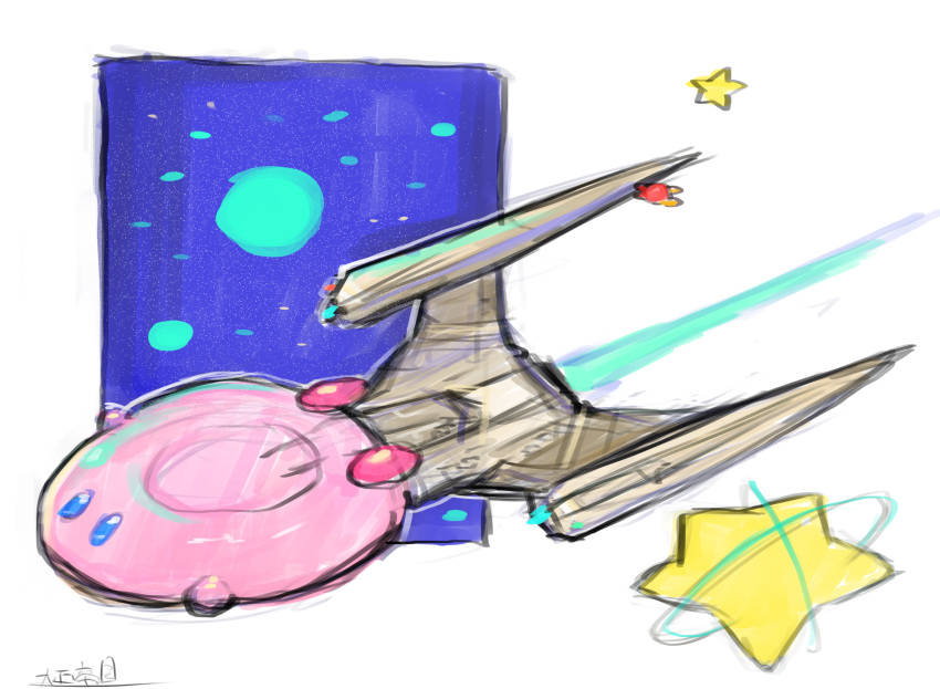 crossover highres kirby kirby_(series) kirby_and_the_forgotten_land mouthful_mode no_humans oomasa_teikoku parody science_fiction sketch solo space space_craft star_(sky) star_trek star_trek:_discovery uss_discovery_ncc-1031 vehicle_focus waddle_dee