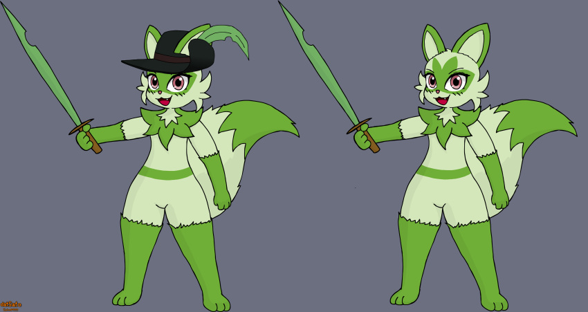2022 absurd_res ambiguous_gender anthro biped blade cheek_tuft clothing datsato facial_tuft fak&eacute;mon fangs felid feline fur green_body green_fur hat headgear headwear hi_res holding_object holding_sword holding_weapon leaf mammal melee_weapon nintendo plant pok&eacute;mon pok&eacute;mon_(species) red_eyes signature sprigatito sword tuft video_games weapon