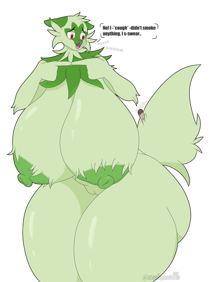 2022 absurd_res anthro areola big_breasts big_butt breasts butt felid feline female fur genitals green_areola green_body green_fur green_nipples hi_res huge_breasts huge_butt hyper hyper_breasts mammal nintendo nipples open_mouth pok&eacute;mon pussy simple_background solo sprigatito stemingbunbun video_games white_background