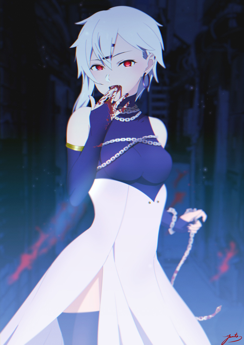 1girl absurdres alternate_eye_color alternate_hair_color bangs black_legwear blood blood_from_mouth blood_on_hands blue_sleeves breasts chain detached_sleeves fangs hair_between_eyes hair_ornament hairclip high-waist_skirt highres holding holding_chain long_sleeves looking_at_viewer medium_breasts open_mouth red_eyes short_hair side_slit silver_hair sinon skirt solo sword_art_online thighhighs vampire white_skirt yaato_(yamato99725444)