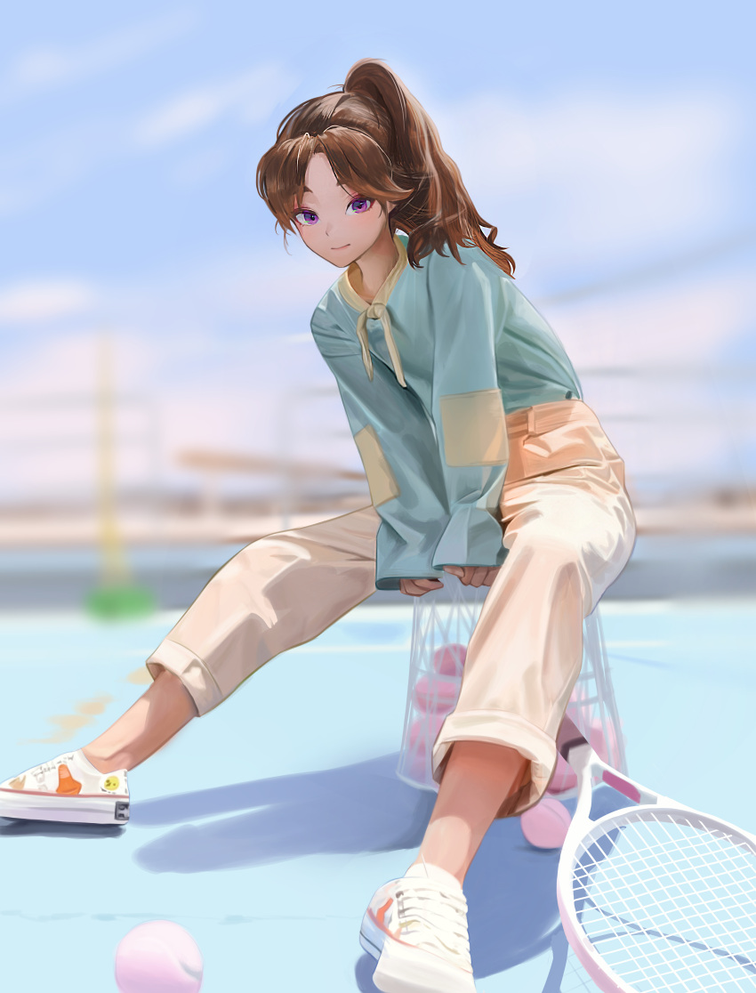 1girl absurdres ball blue_shirt blurry blurry_background brown_hair closed_mouth commentary day full_body highres long_hair long_sleeves looking_at_viewer original outdoors pants photo-referenced pink_pants ponytail purple_eyes racket shadow shirt shoes sitting sleeves_past_wrists smile sneakers solo tennis_ball tennis_racket white_footwear yoruzou