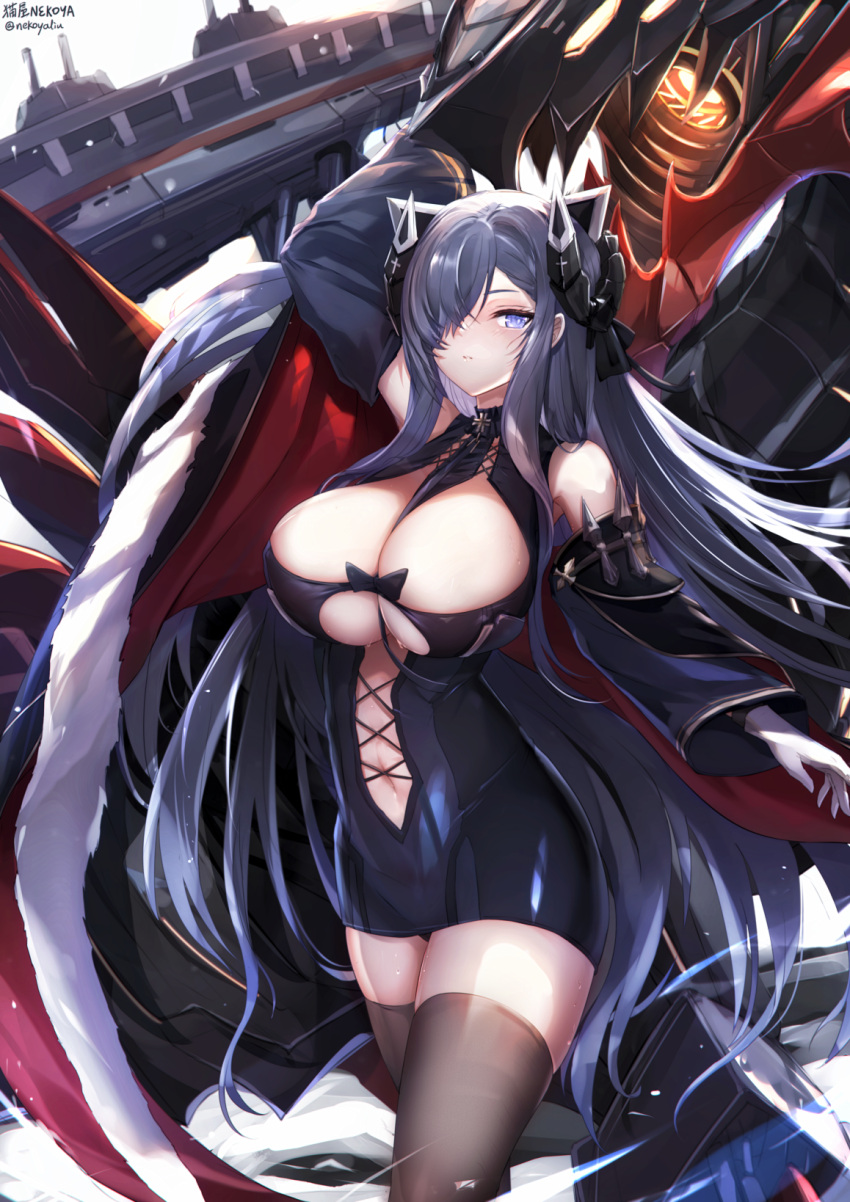 1girl animal_ears arm_up august_von_parseval_(azur_lane) azur_lane bangs bare_shoulders black_dress blue_hair breasts brown_legwear clothing_cutout commentary_request cowboy_shot detached_sleeves dress fake_animal_ears gloves hair_over_one_eye highres horns large_breasts long_hair long_sleeves looking_at_viewer mechanical_dragon mechanical_horns midriff navel nekoya_(liu) parted_lips purple_eyes revision short_dress signature solo standing thighhighs twitter_username very_long_hair white_gloves
