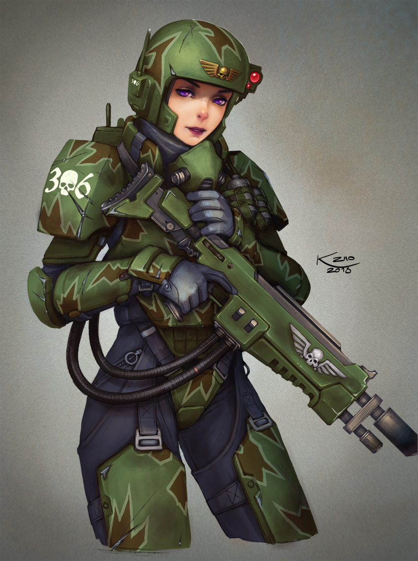 1girl absurdres armor astra_militarum breasts cowboy_shot gloves gun helmet highres khantian lasgun looking_at_viewer military military_uniform power_armor purple_eyes rifle signature soldier solo uniform warhammer_40k weapon