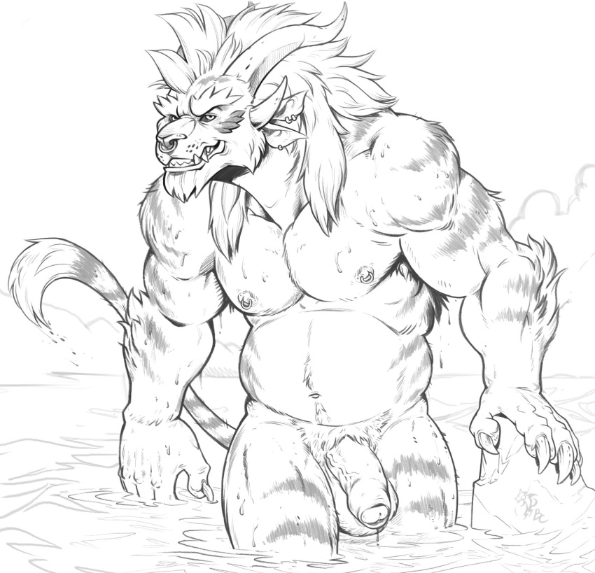 anthro badcoyote balls bathing biceps body_hair charr claws crotch_tuft ear_piercing eyebrows facial_piercing felid flaccid foreskin fur genitals grin guild_wars happy_trail hi_res horn humanoid_genitalia humanoid_penis looking_at_viewer male mammal mane monochrome multi_horn muscular muscular_anthro muscular_male navel nipple_piercing nipples nose_piercing nose_ring nude partially_submerged penis piercing pubes signature skinny_dipping slightly_chubby smile solo striped_body striped_fur stripes teeth thick_eyebrows tuft vein veiny_penis video_games walking water wet wet_body wet_fur