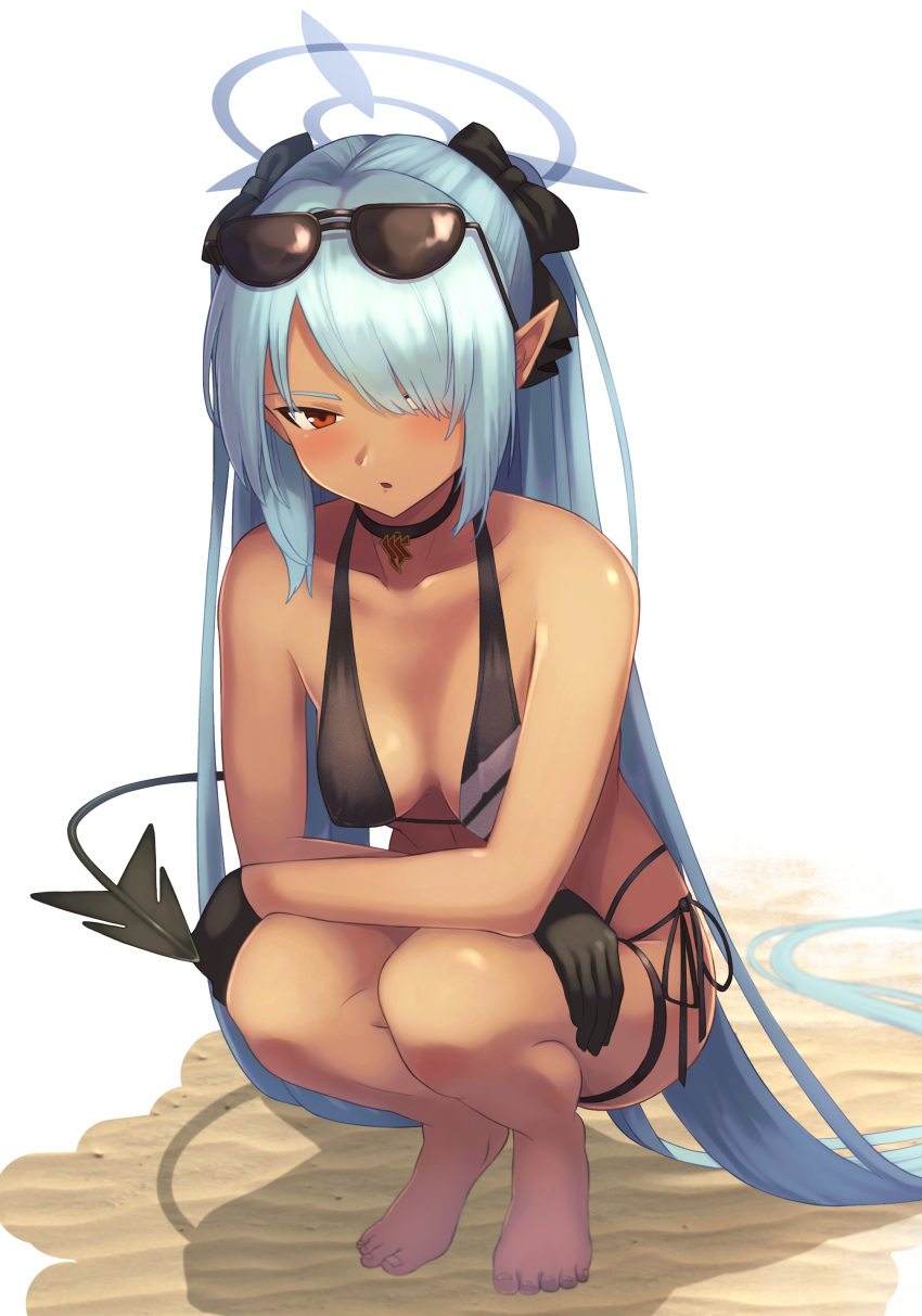1girl absurdres bare_arms bare_legs barefoot bikini black_bikini black_bow black_choker black_gloves black_ribbon blue_archive bow breasts choker cleavage collarbone dark-skinned_female dark_skin full_body gloves hair_bow hair_over_one_eye halo highres iori_(blue_archive) long_hair medium_breasts multi-strapped_bikini mutsuki_albino open_mouth pointy_ears red_eyes ribbon shiny shiny_skin side-tie_bikini silver_hair simple_background solo squatting swimsuit tail twintails very_long_hair white_background