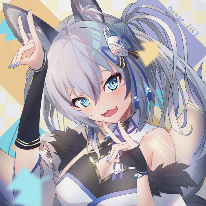 1girl :3 animal_ear_fluff animal_ears bangs blue_eyes blue_nails blush breasts checkered_background cleavage cleavage_cutout clothing_cutout commentary_request detached_sleeves double_fox_shadow_puppet eyeliner fang fox_ears fox_girl fox_mask fox_shadow_puppet fox_tail fur_trim grey_hair hair_between_eyes hair_ornament head_tilt highres inari_iroha long_hair looking_at_viewer makeup mask medium_breasts multiple_tails noripro nuage open_mouth skin_fang slit_pupils smile solo tail tsurime twintails twitter_username upper_body virtual_youtuber yellow_background