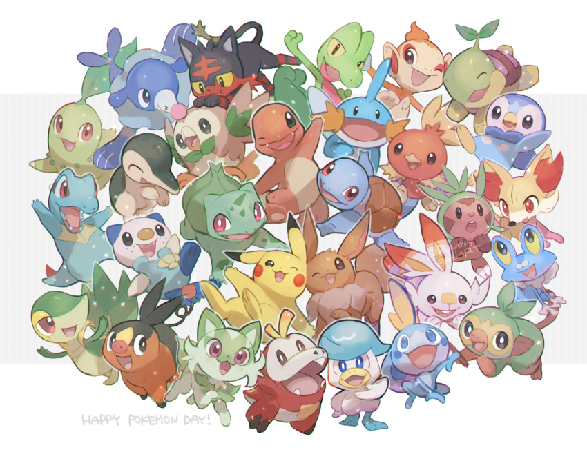 :d ;d animal_focus anniversary arm_up blue_eyes bright_pupils bulbasaur charmander chespin chikorita chimchar commentary_request cyndaquil fangs fennekin froakie fuecoco grookey happy highres kikuyoshi_(tracco) litten looking_up mudkip no_humans one_eye_closed open_mouth oshawott piplup pokemon pokemon_(creature) popplio quaxly red_eyes rowlet scorbunny smile snivy sobble sprigatito squirtle tepig tongue torchic totodile treecko turtwig white_background white_pupils