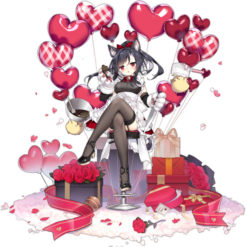 1girl animal_ears animal_hands azur_lane balloon black_footwear black_garter_straps black_hair box breasts brown_legwear chocolate_making crossed_legs dress gift gift_box heart_balloon high_heels highres lace-trimmed_legwear lace_trim long_hair looking_at_viewer manjuu_(azur_lane) official_alternate_costume official_art red_eyes saru shigure_(azur_lane) shigure_(lucky_chocolate)_(azur_lane) shoes sitting small_breasts solo thighhighs transparent_background white_dress