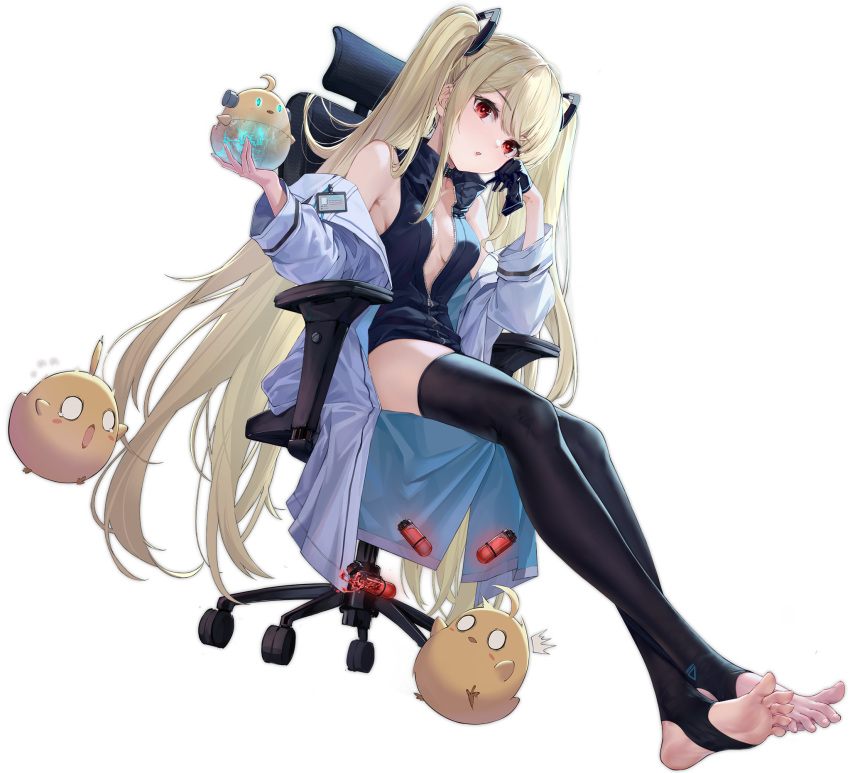 1girl artist_request azur_lane bare_shoulders black_gloves black_legwear blonde_hair breasts feet gloves highres labcoat long_hair looking_at_viewer manjuu_(azur_lane) no_shoes official_alternate_costume official_art red_eyes sitting small_breasts soobrazitelny_(azur_lane) soobrazitelny_(the_machinery_of_life)_(azur_lane) spread_toes stirrup_legwear thighhighs toeless_legwear toes transparent_background twintails