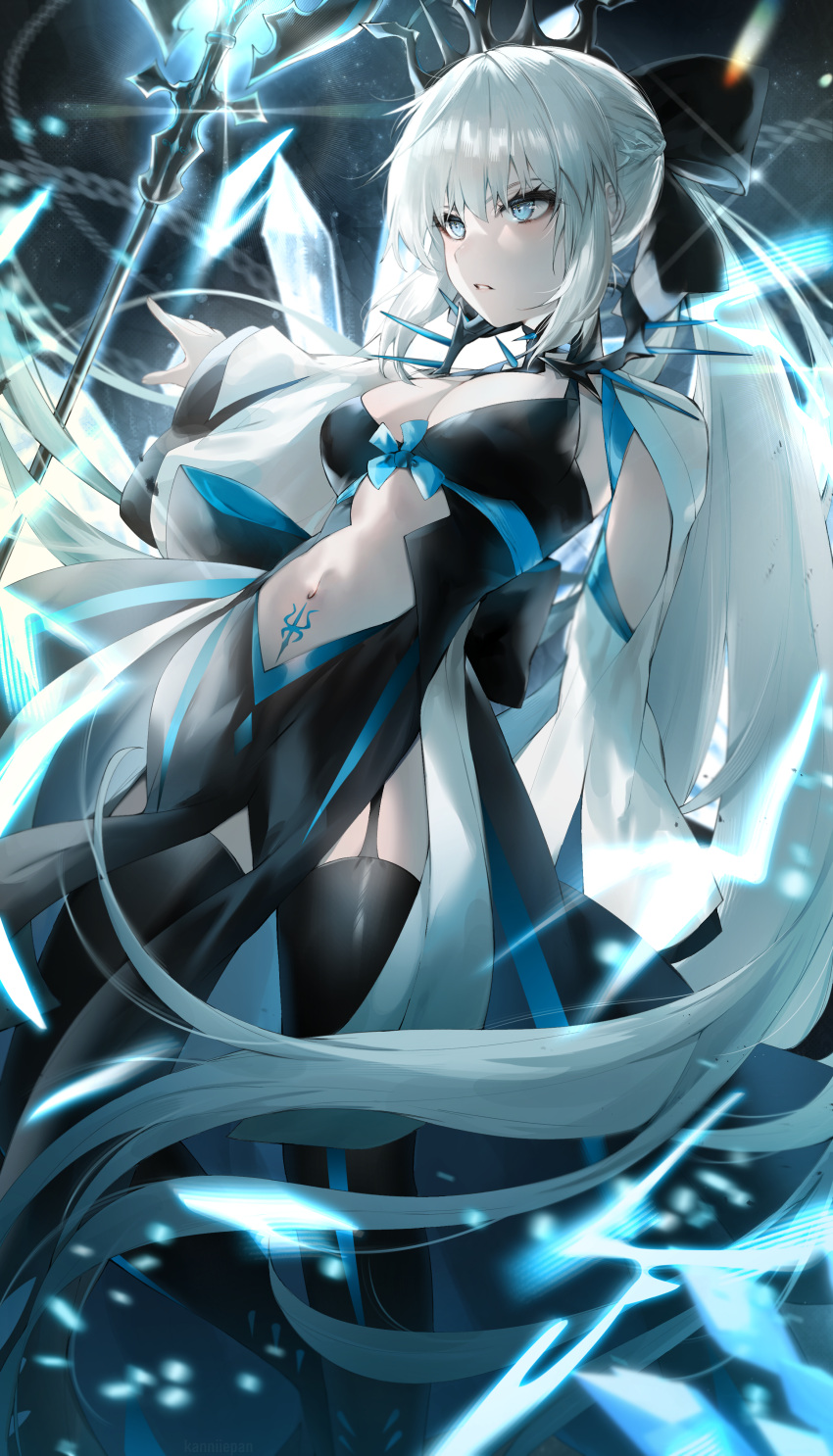 1girl absurdres bangs black_bow black_dress black_legwear blue_eyes bow braid breasts center_opening cleavage dress fate/grand_order fate_(series) french_braid grey_hair highres kanniiepan large_breasts long_hair long_sleeves morgan_le_fay_(fate) navel parted_lips pelvic_curtain ponytail sidelocks solo spikes staff stomach_tattoo tattoo thighhighs thighs tiara two-tone_dress very_long_hair white_dress wide_sleeves