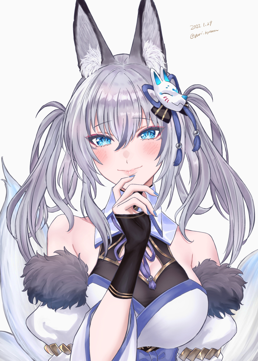 1girl absurdres animal_ear_fluff animal_ears bangs bare_shoulders blue_eyes blue_nails blush breasts cleavage_cutout clothing_cutout commentary_request dated detached_sleeves eyeliner fingerless_gloves fox_ears fox_girl fox_mask fox_tail fur_trim gloves grey_hair hair_between_eyes hair_ornament hand_on_own_chin highres inari_iroha large_breasts lips long_hair looking_at_viewer makeup mask multiple_tails noripro smile solo tail twintails twitter_username upper_body virtual_youtuber yuri_kyanon