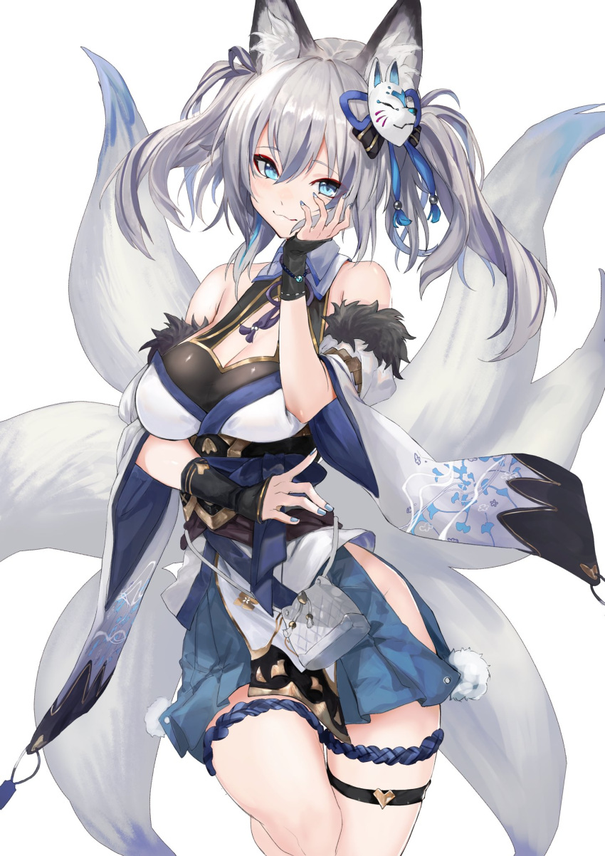 1girl :3 animal_ear_fluff animal_ears bag bangs blue_eyes blue_nails breasts cleavage cleavage_cutout clothing_cutout detached_sleeves drawstring drawstring_bag eyeliner fingerless_gloves floral_print fox_ears fox_girl fox_mask fox_tail fur_trim gloves grey_hair hair_between_eyes hair_ornament hakama hakama_short_skirt hakama_skirt hand_on_own_cheek hand_on_own_face handbag harutask highres hip_vent inari_iroha japanese_clothes large_breasts light_smile long_hair looking_at_viewer makeup mask multiple_tails nontraditional_miko noripro obi pom_pom_(clothes) sash simple_background skirt solo standing standing_on_one_leg symbol-only_commentary tail thigh_strap twintails virtual_youtuber white_background wide_sleeves