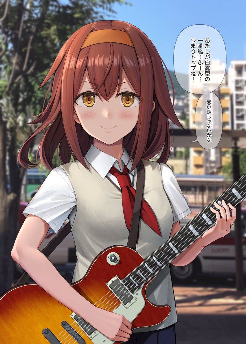 1girl alternate_costume black_skirt blush breasts brown_eyes brown_hair building car city cloud cloudy_sky collarbone collared_shirt cowboy_shot electric_guitar eyebrows_visible_through_hair ground_vehicle guitar hair_between_eyes hair_flaps hairband highres holding holding_instrument ichikawa_feesu instrument kantai_collection looking_at_viewer medium_hair motor_vehicle orange_hairband outdoors red_neckwear road school_uniform shiratsuyu_(kancolle) shirt skirt sky small_breasts smile solo speech_bubble street taxi tree vest