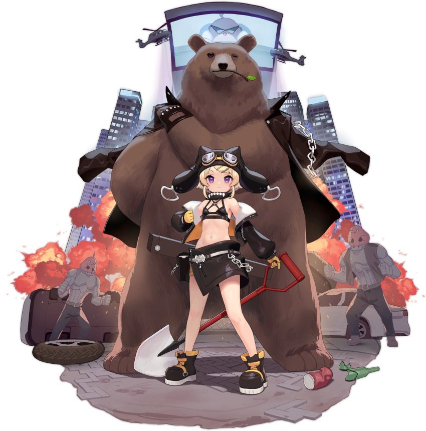 1girl aircraft animal azur_lane bear black_footwear black_headwear black_jacket blonde_hair breasts chain explosion gloves grozny_(azur_lane) hat helicopter highres holding holding_shovel jacket kinjo_kuromomo looking_at_viewer midriff navel off_shoulder official_alternate_costume official_art open_clothes open_jacket purple_eyes short_hair shovel small_breasts transparent_background yellow_gloves