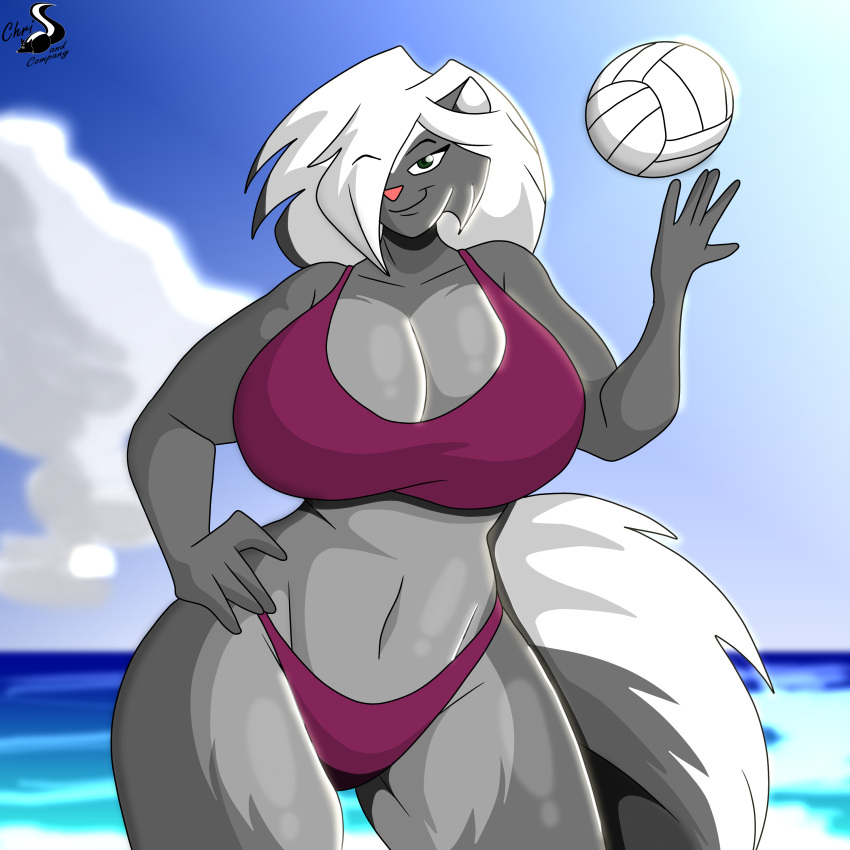 2022 absurd_res anthro ball beach big_breasts breasts chrisandcompany cleavage clothed clothing cloud female fur hair hair_over_eye hand_on_hip hi_res mammal mephitid one_eye_obstructed purple_clothing sea seaside skunk sky solo volleyball_(ball) water