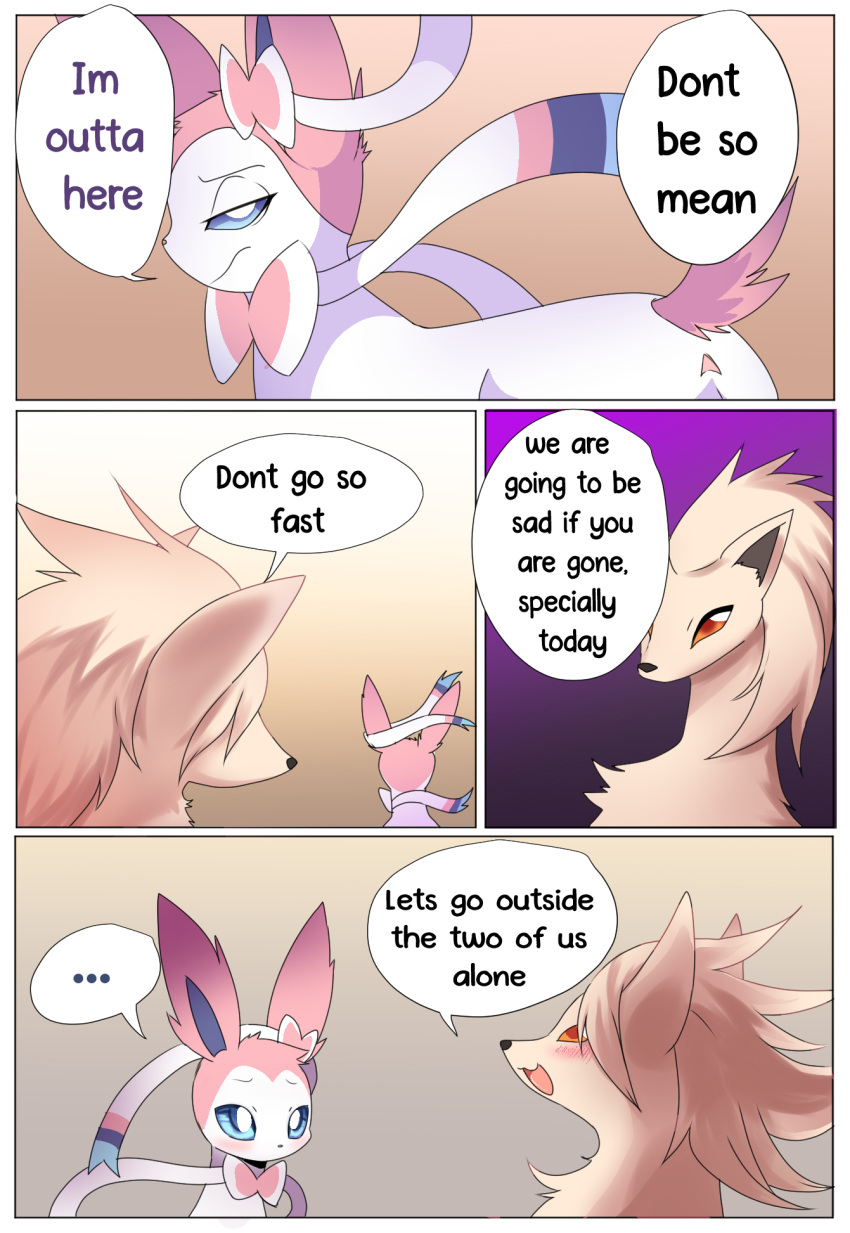 amber_eyes blue_eyes blush butt comic dialoge eeveelution female female/female feral fluffy gradient_background grin hi_res kemono loreking ninetales nintendo pok&eacute;mon pok&eacute;mon_(species) ribbons simple_background smile sylveon text video_games