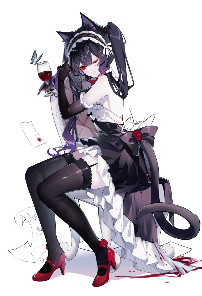 1girl ;) alcohol animal_ears artist_name bangs bare_shoulders black_dress black_gloves black_hair black_hairband blood bug butterfly cat_ears cat_tail commentary cup dress drinking_glass elbow_gloves eyebrows_visible_through_hair flower full_body garter_straps gloves hairband high_heels highres holding holding_cup long_hair one_eye_closed original petticoat red_eyes red_flower red_footwear red_rose revision rose sheya short_dress signature simple_background sitting smile solo tail thighhighs thighs twintails white_background wine wine_glass zettai_ryouiki