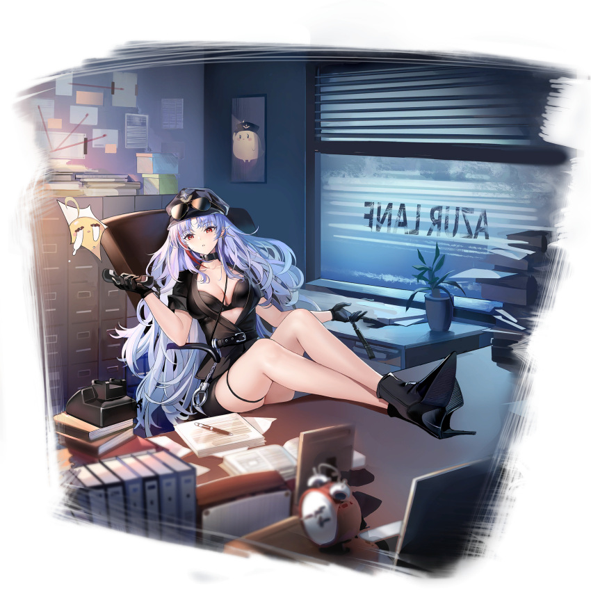 1girl alarm_clock azur_lane belt black_belt black_bra black_choker black_footwear black_gloves black_headwear black_jacket bra bra_peek breasts choker cleavage clock crying cuffs eyewear_on_head file_cabinet full_body gloves handcuffs hat high_heels highres holding holding_phone indoors jacket large_breasts legs_on_table light_purple_hair looking_at_viewer manjuu_(azur_lane) multicolored_hair official_alternate_costume official_art paper pavapo peaked_cap pen phone plant potted_plant red_hair short_sleeves skindentation solo streaked_hair tallinn_(as_you_say_ma'am!)_(azur_lane) tallinn_(azur_lane) thigh_strap transparent_background two-tone_hair underwear