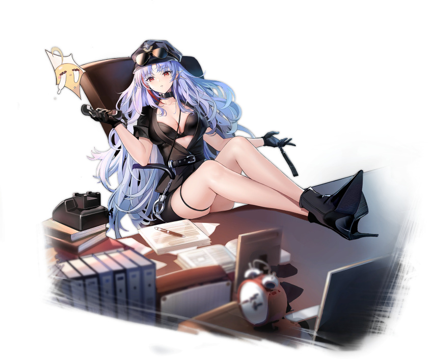 1girl alarm_clock azur_lane belt black_belt black_bra black_choker black_footwear black_gloves black_headwear black_jacket bra bra_peek breasts choker cleavage clock cuffs eyewear_on_head full_body gloves handcuffs hat high_heels highres holding holding_phone jacket large_breasts legs_on_table light_purple_hair looking_at_viewer manjuu_(azur_lane) multicolored_hair official_alternate_costume official_art paper pavapo peaked_cap pen phone red_hair short_sleeves skindentation solo streaked_hair tallinn_(as_you_say_ma'am!)_(azur_lane) tallinn_(azur_lane) thigh_strap transparent_background two-tone_hair underwear