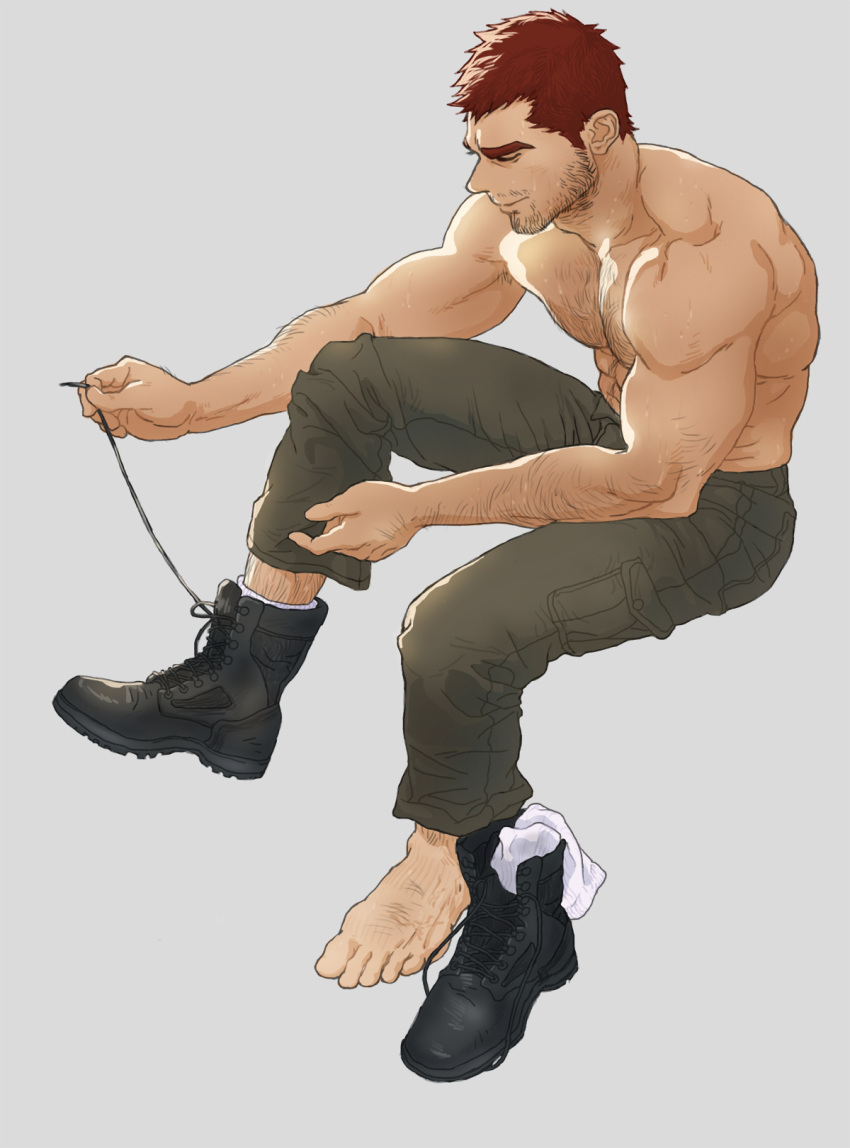 1boy abs bara barefoot beard biceps boots chest_hair closed_eyes dogandclover facial_hair highres large_pectorals leg_hair male_focus manboobs mature_male muscular muscular_male original pectoral_cleavage pectorals red_hair smile socks topless_male yaoi
