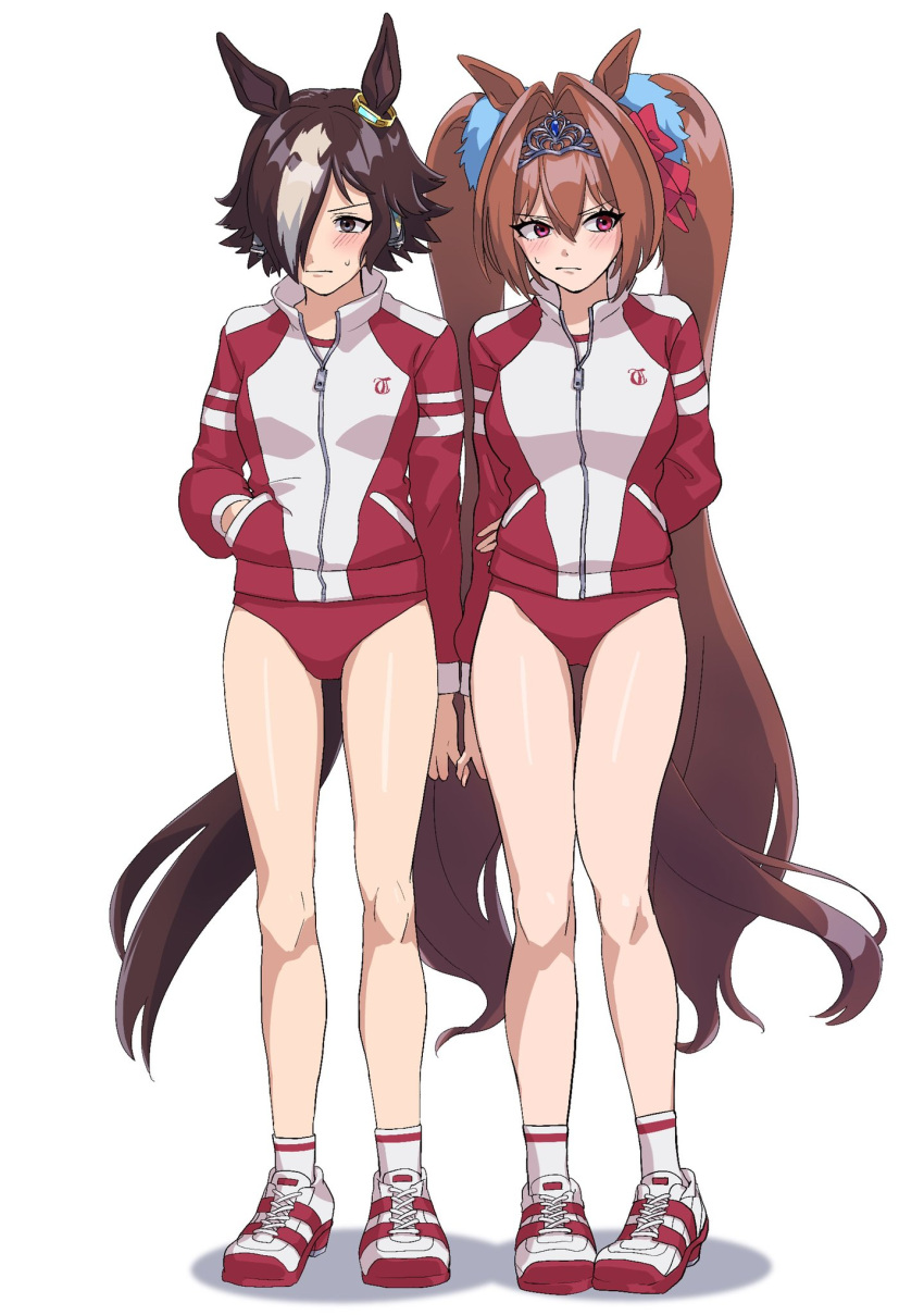 2girls animal_ears arm_at_side arm_behind_back bangs blush breasts brown_eyes brown_hair buruma closed_mouth daiwa_scarlet_(umamusume) full_body hair_intakes hair_over_one_eye hand_in_hair high_collar highres holding_hands horse_ears horse_girl horse_tail jacket long_hair long_sleeves looking_to_the_side medium_breasts multiple_girls red_buruma red_eyes red_jacket shoes small_breasts sneakers socks standing sweat tail track_jacket twintails umamusume upapika very_long_hair vodka_(umamusume) white_legwear