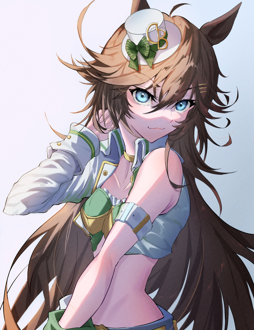 1girl :3 absurdres akimizawa_akio animal_ears arm_belt bandeau bangs blue_eyes breasts brown_hair closed_mouth cropped_jacket gradient gradient_background hair_ornament hairclip hand_in_hair hand_up hat highres horse_ears jacket long_hair looking_at_viewer midriff mini_hat mini_top_hat mr._c.b._(umamusume) single_sleeve small_breasts smile solo top_hat umamusume white_jacket