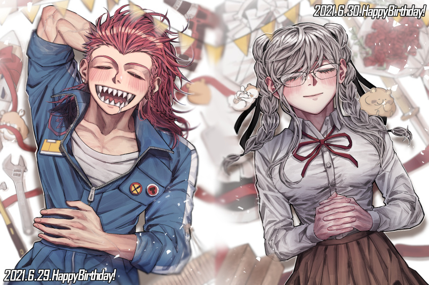 1boy 1girl black_ribbon blue_jumpsuit blush bouquet bow braid brown_skirt cham-p closed_eyes closed_mouth collared_shirt danganronpa_(series) danganronpa_2:_goodbye_despair flower glasses hair_ribbon hamster happy_birthday highres jum-p jumpsuit korean_commentary lying maga-g nose_bubble on_back open_mouth pekoyama_peko pink_hair pleated_skirt power_drill psg011204 red_flower red_ribbon ribbon saliva sharp_teeth shirt single_braid skirt sleeping souda_kazuichi sun-d sword teeth twin_braids weapon white_bow white_shirt wrench