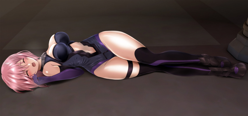 1girl absurdres bangs bare_shoulders breasts closed_eyes clothing_cutout elbow_gloves fate/grand_order fate_(series) gloves highres leotard lying mash_kyrielight medium_breasts navel navel_cutout on_side open_mouth pink_hair short_hair skin_tight sleeveless solo thigh_strap thighhighs unconscious yadokari_genpachirou