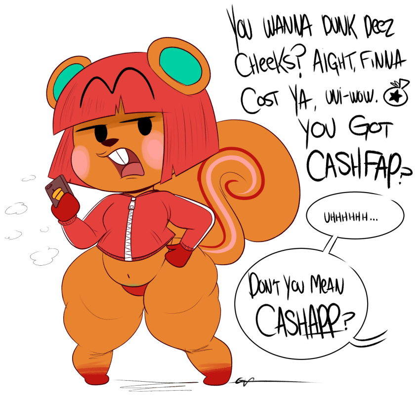 ... ? animal_crossing anthro belly black_eyes blush blush_stickers breasts buckteeth clothing english_text eyebrows female gloves hair hand_on_hip handwear hazel_(animal_crossing) hi_res holding_object holding_phone huge_thighs jacket mammal nintendo offscreen_character open_mouth orange_body ota_(artist) phone pubes red_hair rodent sciurid slightly_chubby solo speech_bubble teeth text thick_thighs thong topwear tree_squirrel underwear unibrow video_games wide_hips