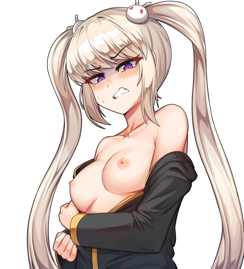 1girl bangs bare_shoulders black_shirt blush breasts bunny_hair_ornament clenched_teeth collarbone commentary_request eyebrows_visible_through_hair hair_ornament highres korean_commentary light_brown_hair long_hair long_sleeves looking_at_viewer maplestory mastgg medium_breasts mole mole_under_eye nipples off_shoulder orchid_(maplestory) parted_lips partially_undressed purple_eyes shirt simple_background solo sweat teeth twintails upper_body white_background