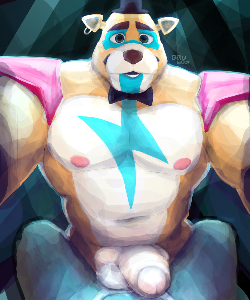 absurd_res anthro big_muscles bruwoof duo eye_contact five_nights_at_freddy's five_nights_at_freddy's:_security_breach freddy_(fnaf) genitals glamrock_freddy_(fnaf) hi_res human human_on_anthro humanoid interspecies larger_male looking_at_another machine male male/male mammal muscular muscular_anthro muscular_male nude on_bottom on_top overweight overweight_male penile penis protogen scottgames size_difference smaller_male ursid video_games