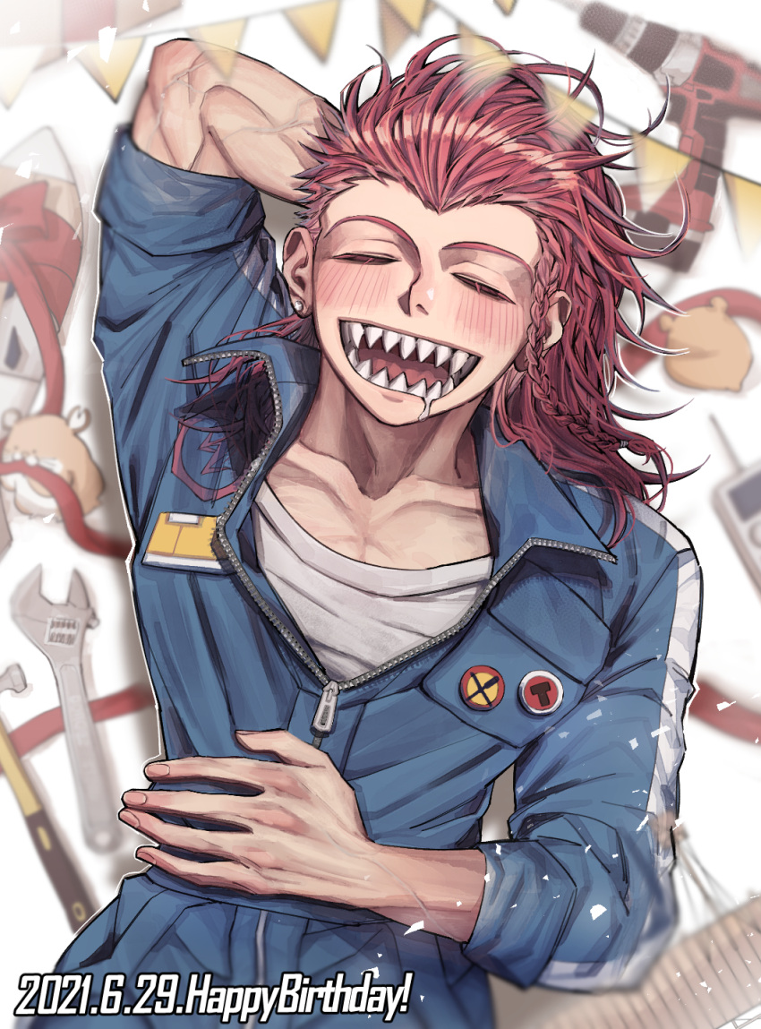 1boy blue_jumpsuit blush braid closed_eyes danganronpa_(series) danganronpa_2:_goodbye_despair hamster happy_birthday highres jumpsuit korean_commentary lying maga-g on_back open_mouth pink_hair power_drill psg011204 red_ribbon ribbon saliva sharp_teeth single_braid sleeping souda_kazuichi sun-d teeth wrench