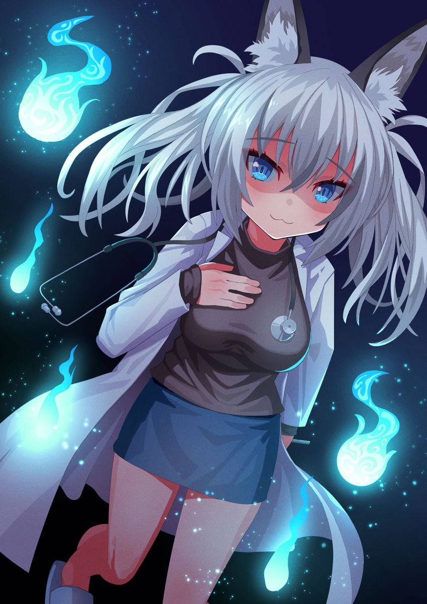 1girl :3 alternate_costume animal_ear_fluff animal_ears arm_at_side bangs blue_eyes blue_skirt breasts commentary_request dark_background doctor dutch_angle eyebrows_visible_through_hair feet_out_of_frame film_grain fox_ears fox_girl grey_hair grey_shirt hair_between_eyes hand_on_own_chest highres hitodama inari_iroha labcoat long_hair long_sleeves looking_at_viewer medium_breasts no_tail noripro pencil_skirt shaded_face shirt skirt slippers smile solo spector_(spector_koubou) stethoscope twintails virtual_youtuber walking