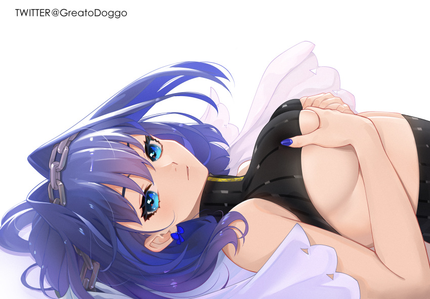 1girl bangs bare_arms black_sweater blue_bow blue_eyes blue_hair blue_nails bow bow_earrings breast_hold breasts commentary earrings eyebrows_behind_hair from_side greatodoggo hair_intakes head_chain highres hololive hololive_english jewelry large_breasts looking_at_viewer looking_to_the_side lying medium_hair nail_polish on_back ouro_kronii parted_lips simple_background solo sweater turtleneck turtleneck_sweater twitter_username upper_body virtual_youtuber white_background