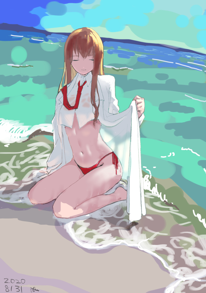 1girl bangs beach bikini bikini_bottom_only brown_hair closed_eyes commentary_request dated dress_shirt facing_viewer highres labcoat long_hair makise_kurisu necktie ocean red_necktie red_neckwear shirt sibarue solo steins;gate swimsuit white_shirt