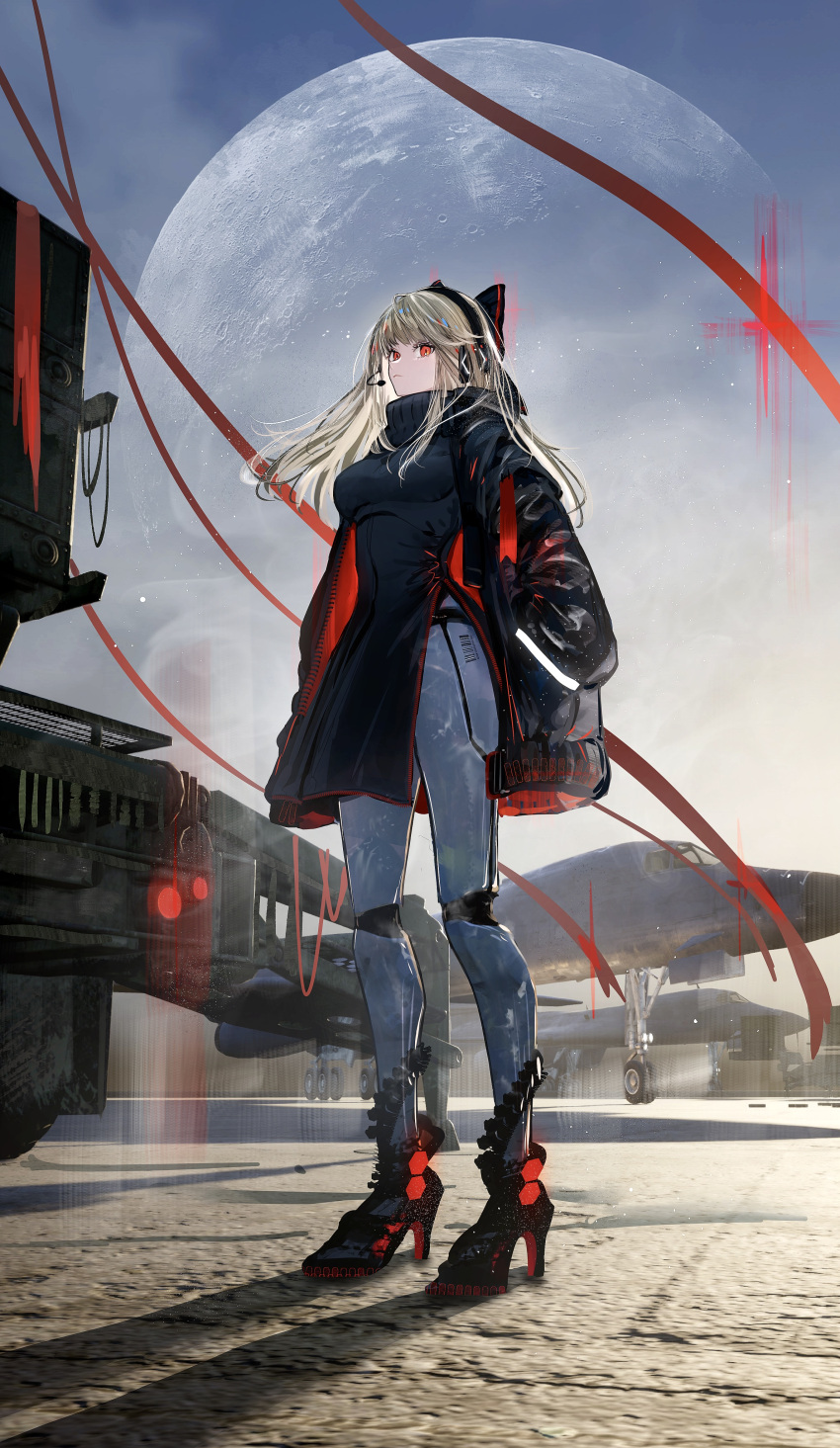 1girl absurdres aircraft airplane black_bow black_dress black_footwear black_jacket blonde_hair boots bow breasts china_dress chinese_clothes closed_mouth commentary day dress full_body hair_bow hands_in_pockets headphones headset high_heel_boots high_heels highres jacket long_hair long_sleeves mechanical_legs medium_breasts moon nanaponi original outdoors red_eyes red_footwear red_ribbon ribbon shadow solo