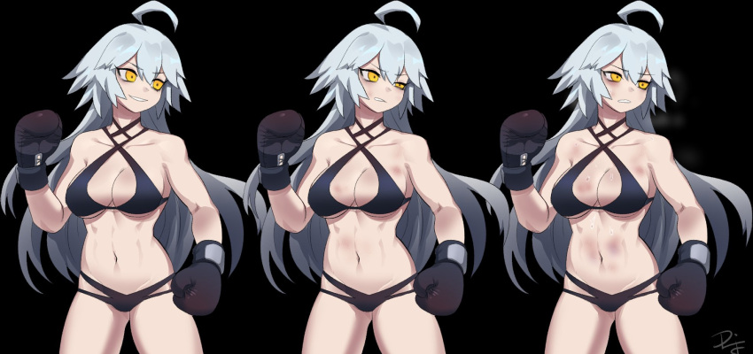 1girl ahoge black_background boxing_gloves breasts bruise commission cowboy_shot difman eyebrows_visible_through_hair fate/grand_order fate_(series) grey_hair hair_between_eyes highres injury jeanne_d'arc_(alter)_(fate) jeanne_d'arc_(fate) long_hair medium_breasts multiple_views navel parted_lips simple_background teeth yellow_eyes
