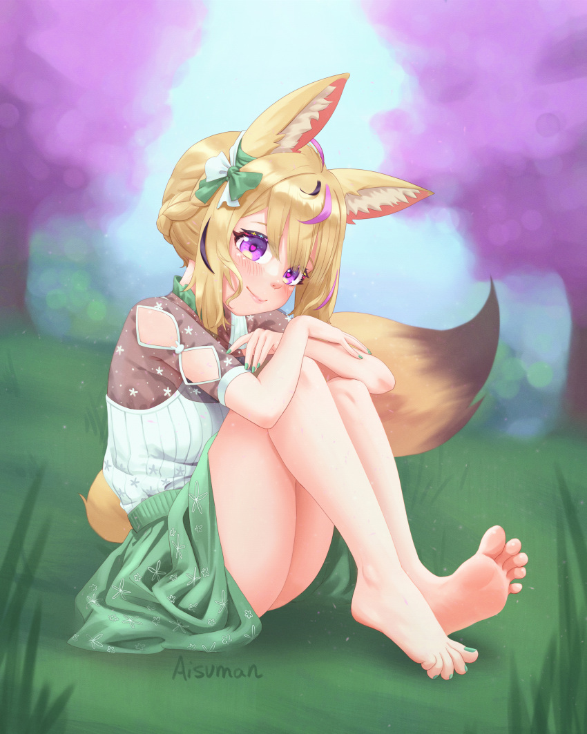 1girl absurdres ahoge aisuman alternate_costume animal_ear_fluff bangs barefoot blonde_hair blurry blurry_background blush bow braid depth_of_field english_commentary eyelashes feet fennec_fox fox_girl full_body grass green_nails green_skirt hair_bow hair_ribbon head_tilt highres hololive knees_to_chest legs looking_at_viewer multicolored_hair nail_polish omaru_polka outdoors purple_eyes purple_hair ribbon see-through_sleeves shiny shiny_hair shiny_skin short_hair_with_long_locks short_sleeves sidelocks signature sitting skirt smile soles solo spread_toes streaked_hair tail tank_top thighs toenail_polish toenails toes tree virtual_youtuber