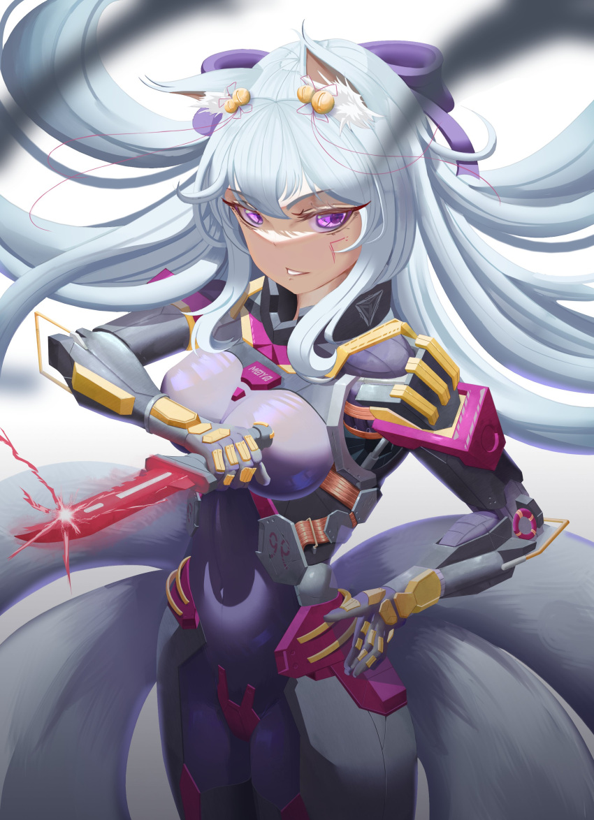absurdres animal_ear_fluff animal_ears artknight045 bell bow breasts cat_ears clothing_request commentary english_commentary highres jingle_bell purple_bow purple_eyes science_fiction simple_background white_background white_hair