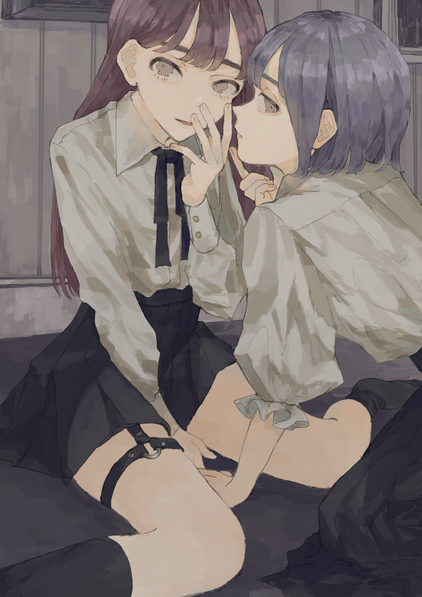 2girls bangs black_ribbon black_skirt blouse brown_eyes closed_mouth collared_shirt commentary_request garter_straps hand_up highres kneeling long_hair long_sleeves looking_at_viewer multiple_girls neck_ribbon original parted_lips purple_hair red_hair ribbon school_uniform shirt short_hair sitting skirt thigh_strap wariza white_blouse white_shirt yudoufu_(yudouhu_1212)