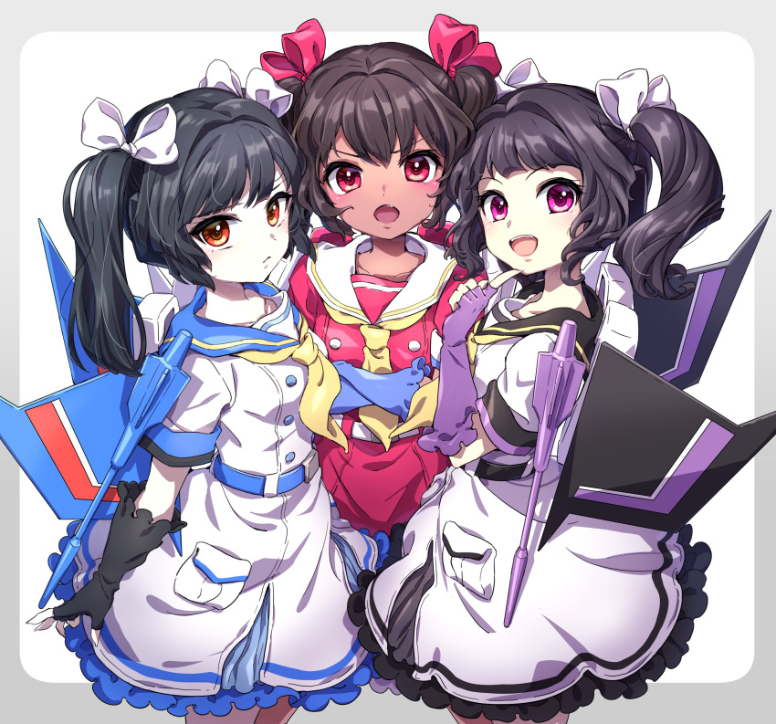 3girls :o absurdres aoi_rena arm_cannon black_gloves black_hair bow brown_eyes dark-skinned_female dark_skin dress fang fingerless_gloves genderswap genderswap_(mtf) gloves hair_bow highres looking_at_viewer mecha_musume multiple_girls open_mouth personification purple_eyes red_bow red_dress red_eyes sailor_collar skywarp smile starscream symbol-only_commentary thundercracker transformers twintails weapon white_bow white_dress wings