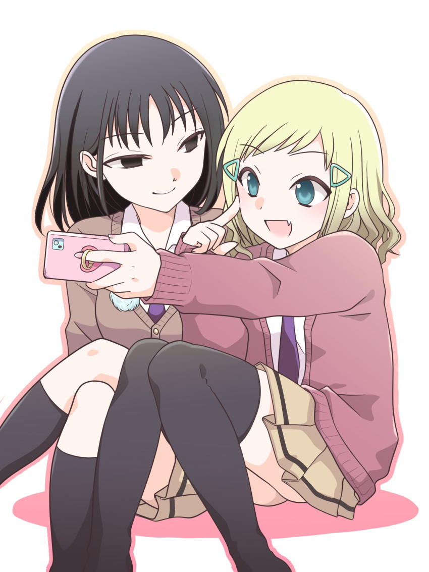 2girls :d bangs black_eyes black_hair black_legwear blonde_hair brown_cardigan cardigan cellphone closed_mouth collared_shirt commentary_request empty_eyes eyebrows_visible_through_hair fang feet_out_of_frame green_eyes hair_ornament hairclip hand_up happy highres hikaru_(ofuton_at5) holding holding_phone invisible_chair kneehighs long_sleeves looking_at_another medium_hair mima_sachi minami_koharu miniskirt multiple_girls necktie open_cardigan open_clothes orange_outline outline phone pink_outline pleated_skirt purple_necktie school_uniform shirt sitting skirt smartphone smile split_mouth taking_picture thighhighs watashi_ga_motenai_no_wa_dou_kangaetemo_omaera_ga_warui! wavy_hair white_background white_shirt yellow_skirt