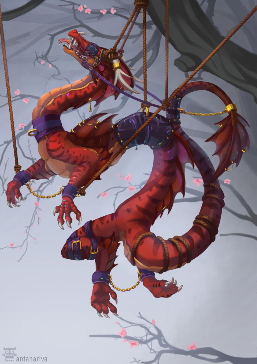 2022 ambiguous_gender antanariva asian_mythology blinders bound claws digital_media_(artwork) doctor dragon east_asian_mythology eastern_dragon eyewear feral hi_res horn mythology open_mouth red_body red_scales scales solo spines teeth tongue