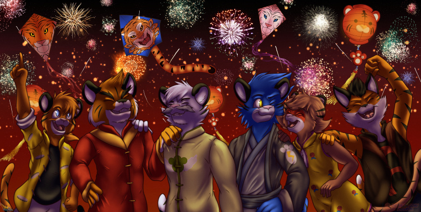 absurd_res anthro asian_clothing black_hair black_nose black_stripes blue_body blue_eyes blue_fur chinese_clothing chinese_new_year chinese_zodiac clothed clothing crossdressing east_asian_clothing eyes_closed felid fireworks frank_(cregon) fur group hair hand_on_shoulder hi_res kite lunar_new_year male mammal mohawk night orange_body orange_fur pantherine philfox pink_nose stripes tiger white_body white_fur year_of_the_tiger yellow_eyes